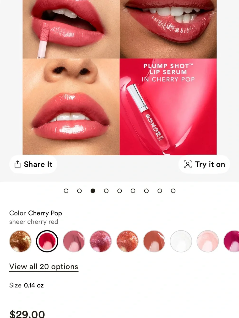 Buxom Plump Shot Sheer Tint Collagen Infused Lip Serum in shade cherry pop.